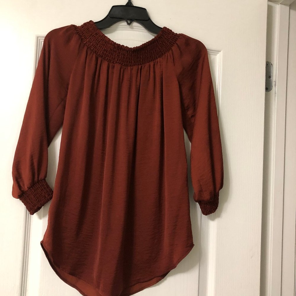 CAbi Burgundy Gathered neck Blouse.  Size XS